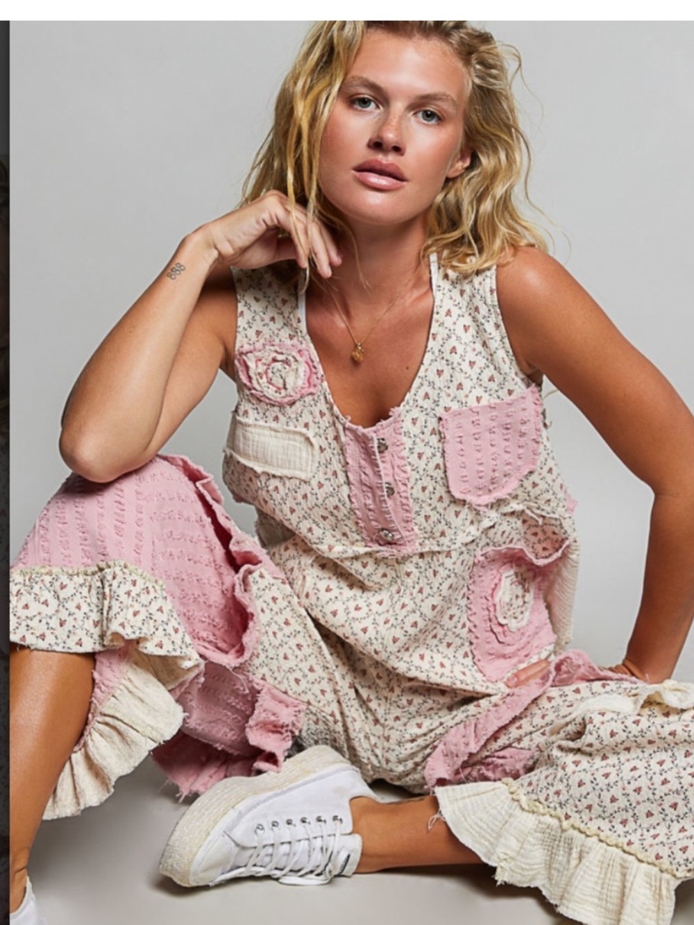 POL Patchwork Ruffle Floral Pockets Jumpsuit Bohemian Cottagecore Coquette